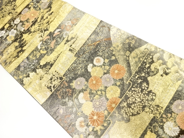 引箔秋草に寺・横段模様織出し袋帯